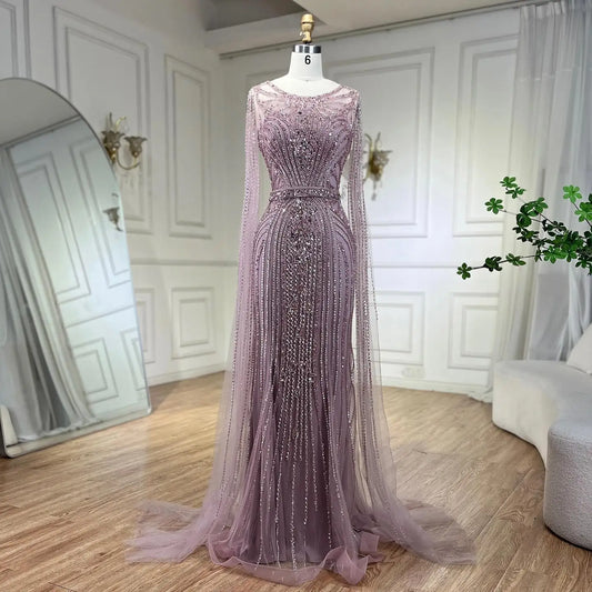 Taupe Cape Sleeves O Neck Beaded Evening Dresses Serene Hill LA70638 Mermaid Party Wear Gowns for Women