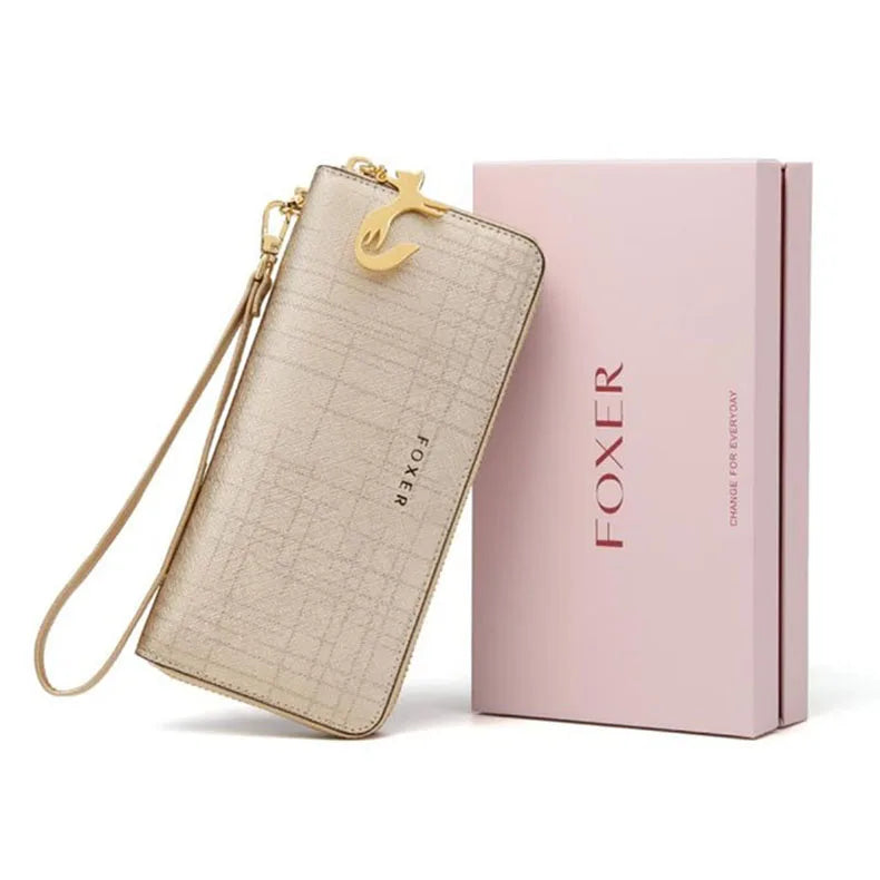 FOXER Women Split Leather Wallet Bifold Clutch Bag with Wristlet Fashion Card Holder Coin Purse Cellphone Bag Female Money Bag.