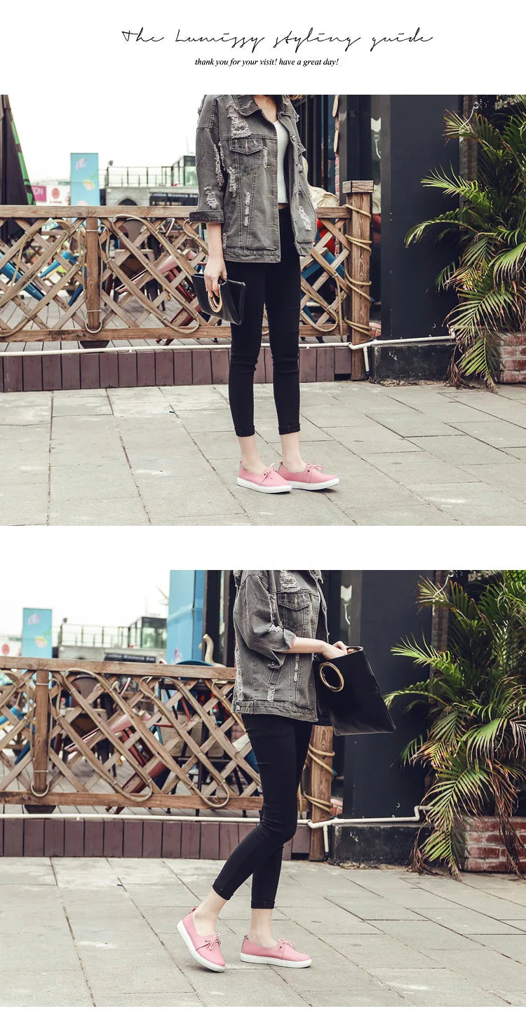 WOIZGIC Women Students Gril Female Genuine Leather White Shoes Flats Platform Lace Up Korean Casual Vulcanized Shoes FEZ-173.