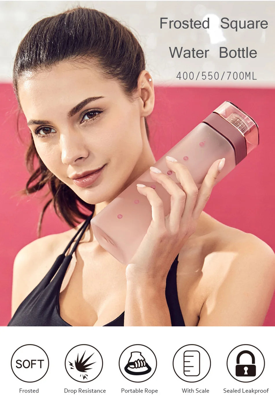 Fashion Square Frosted Plastic Water Bottle Portable Leakproof Transparent Gym Bottle Outdoor Sport Direct Drinking Cup BPA Free.