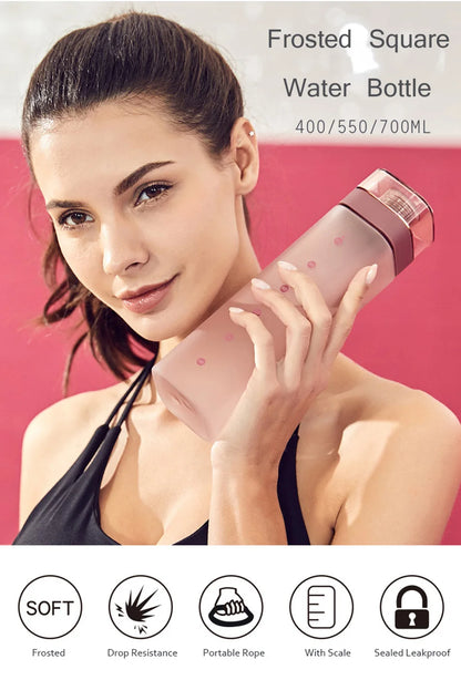 Fashion Square Frosted Plastic Water Bottle Portable Leakproof Transparent Gym Bottle Outdoor Sport Direct Drinking Cup BPA Free.
