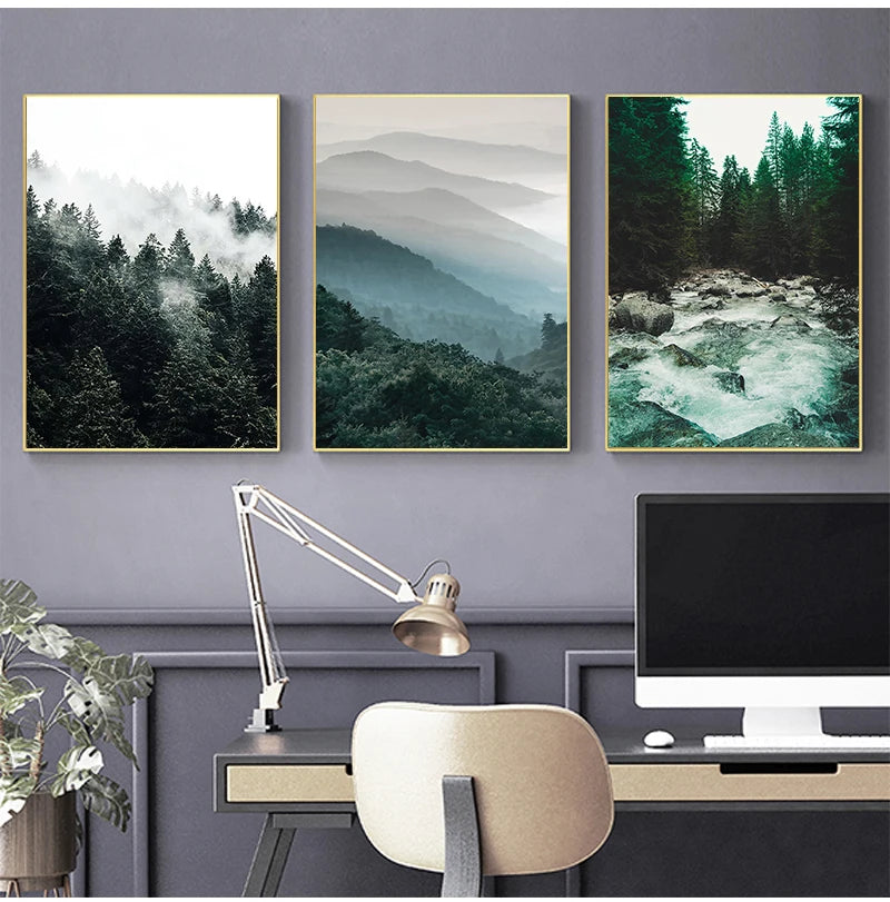 Mountain Wall Posters Fog Forest Canvas Painting Natural Landscape Poster Nordic Wall Pictures For Living Room Home Decoration.