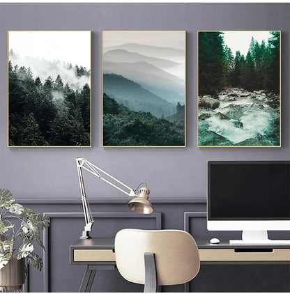 Mountain Wall Posters Fog Forest Canvas Painting Natural Landscape Poster Nordic Wall Pictures For Living Room Home Decoration.