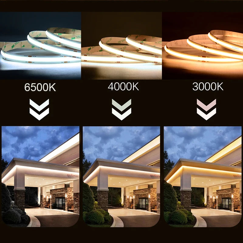 UL-gelistetes COB-LED-Streifenlicht, 320 480 LEDs/m, 16,4 Fuß, flexibles Klebeband mit hoher Dichte, 3000–6500 K, RA90, LED-Leuchten, DC12 V, 24 V.