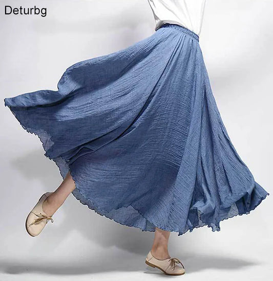 Frauen Elegante Hohe Taille Leinen Maxi Rock 2023 Sommer Damen Casual Elastische Taille 2 Schichten Röcke saia feminina 20 Farben SK53