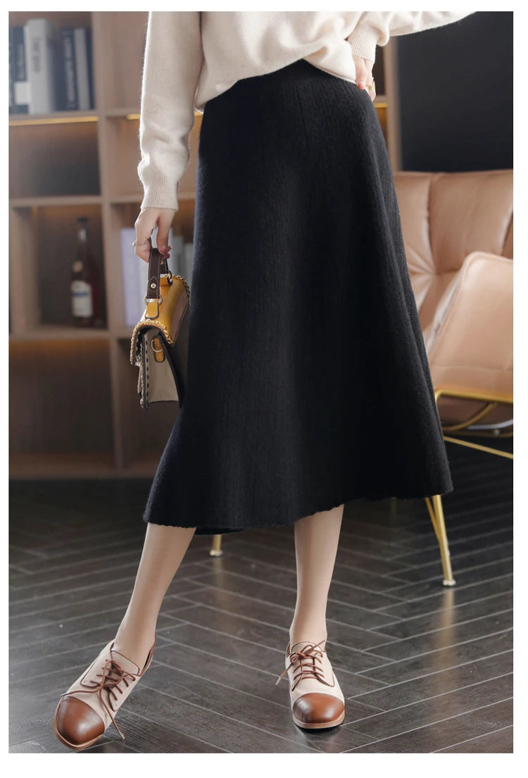 2025 Autumn New High-Waist 100%Pure Wool Pleated Long Skirt Women's Knit Base Skirt Fashion Pack Hip A-Line Cashmere Large Skirt