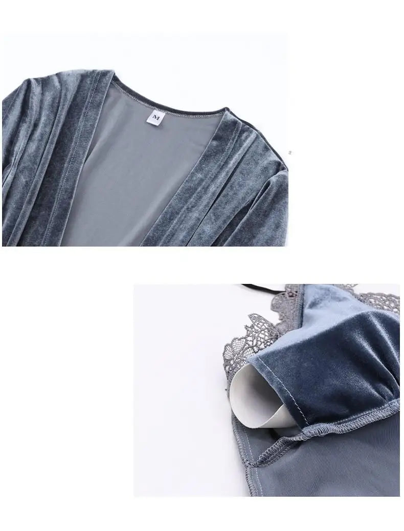 Autumn Velvet Women 4PCS Pajamas Set Sleepwear Burgundy Velour Bathrobe Nightwear Lace Patchwork Pijamas Suit Sexy Negligee.