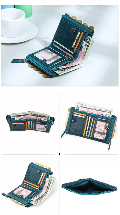 Fashion Genuine Leather Women Wallet Bi-fold Wallets Red ID Card Holder Coin Purse With Double Zipper Small Women's Purse 2022