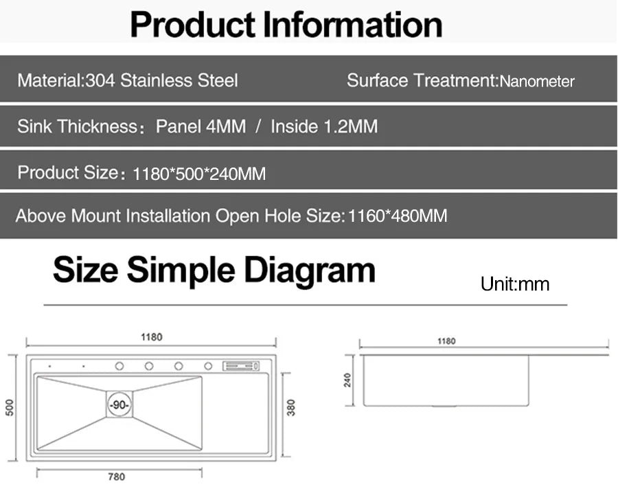 ASRAS New Nanometer Kitchen Sink Handmade Sink 4mm Thickness 240mm Depth Large Size Single Kitchen Sink With Drain Plate Sinks
