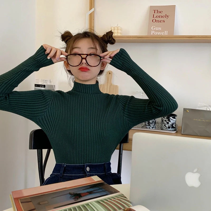 2025 Knit Jumpers Top Chic Autumn Winter Sweater Pullovers Women Long Sleeve Casual Turtleneck Warm Basic Sweater.