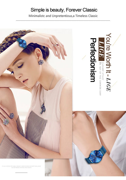 LIGE Fashion Luxury Womens Watch Ultra-thin Steel Mesh Strap Quartz Wristwatch Women Clock Casual Waterproof Watches Reloj Mujer.