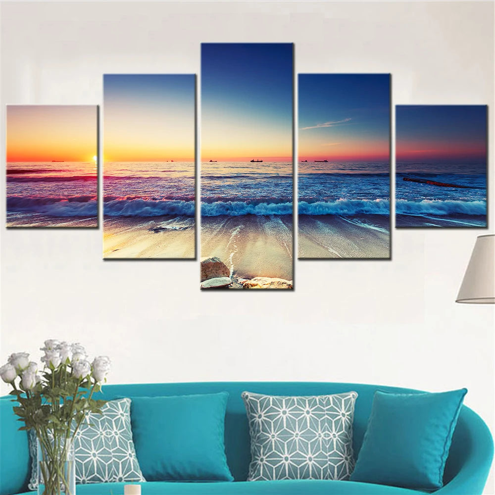 5 Pieces Printed Canvas Painting Landscape Poster Sunset Seascape Beach Wall Art Image Modular Wall Picture Room Decor Framework.