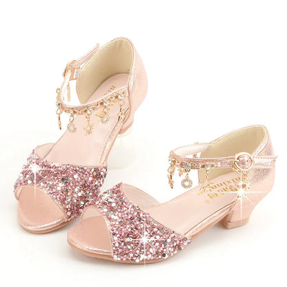 Girls Sandals Children Crystal Shoes 2023 Summer Kids Glitter Shoes High Heels Sequined Rhinestone Pendants Open Toes Princess