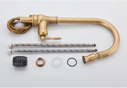 POIQIHY Antique Brass Kitchen Faucet Pull Out Bathroom Kitchen Mixers Single Handle Pull Down Cold Hot Water Tap Deck Mounted