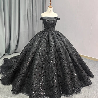 Jancember 6679 Black Off Shoulder Teenage Sequins Birthday Party Formal Quinceanera Dresses