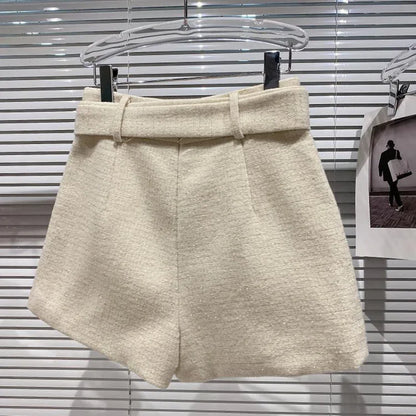 2022 Spring Autumn New shiny sequins Plaid Shorts with Belt for Lady Rhinestone Bright Silk Tweed Folding Short Boots Women.