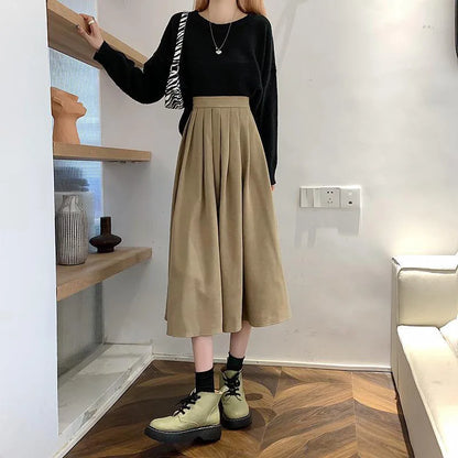 Lucyever Vintage Brown High Waist Pleated Skirt Women Korean Fashion College Style Long Skirt Ladies Autumn Casual A line Skirts