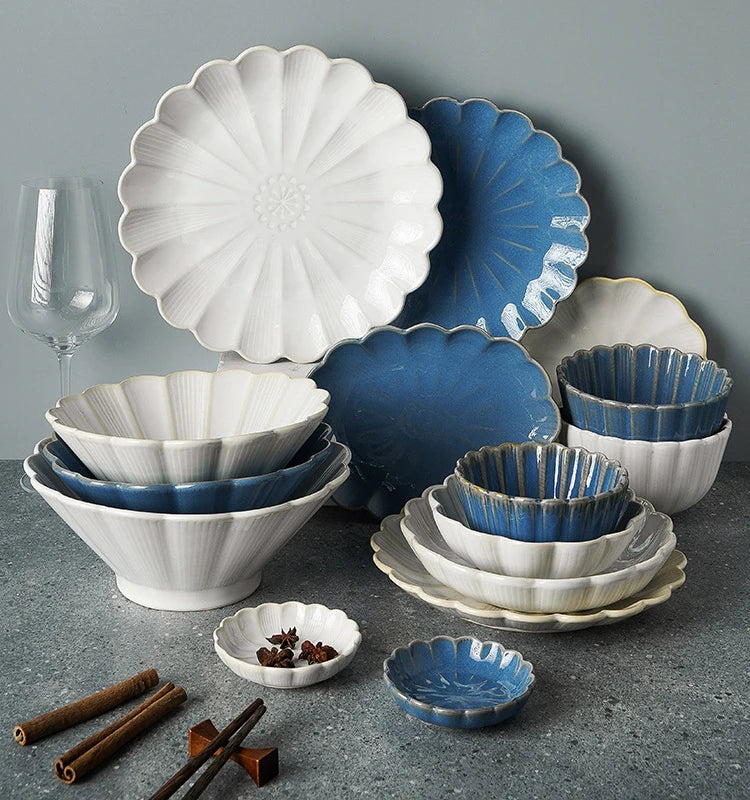 1pc Japanese Dinnerware Ceramic White Blue Dinner Plate Serving Dishes Rice Ramekin Sauce Bowl Microwave Safe.