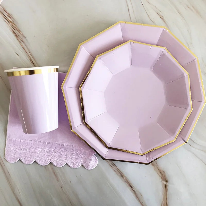 Gold Disposable Tableware Sets Purple Party Paper Cup Plates baby Shower  Birthday Party Supplies Carnival Wedding decor Favors.