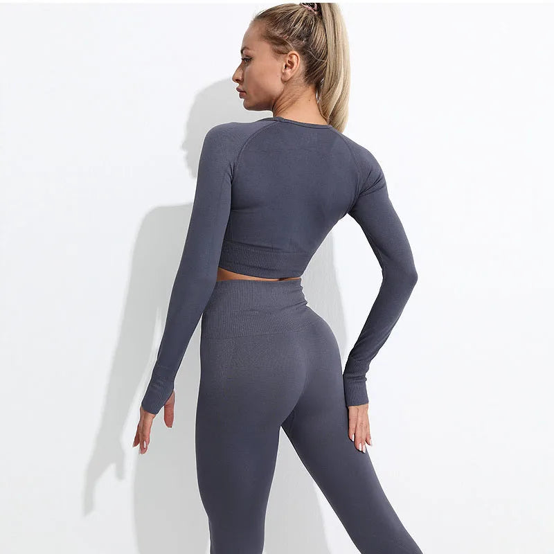 High Waist Elastic Seamless Yoga Wear Women Fitness Clothes Gym Clothing Workout Set Long Sleeve Crop Top Leggings Sports Suit.