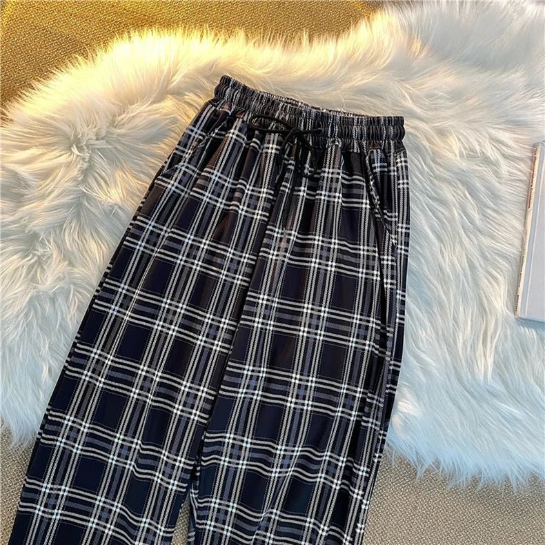 Hosen Frauen Neue Haufen füße Mode Lose Schwarz Plaid Sommer Harajuku Studenten Streetwear Harem Lange Hosen Frauen Chic.