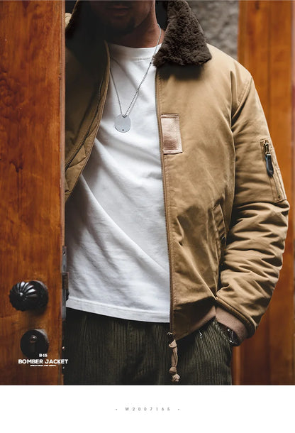 Maden Vintage B15 Bomber Jacket for Men Faux Rabbit Fur Lapel Signature Arm Pocket Winter Thickened Warm Windproof Coat Parkas.