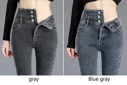 Thermische Winter Dicke Fleece High-taille Warme Dünne Jeans Dicke Frauen Stretch Taste Bleistift Hosen Mom Casual Samt Jeans