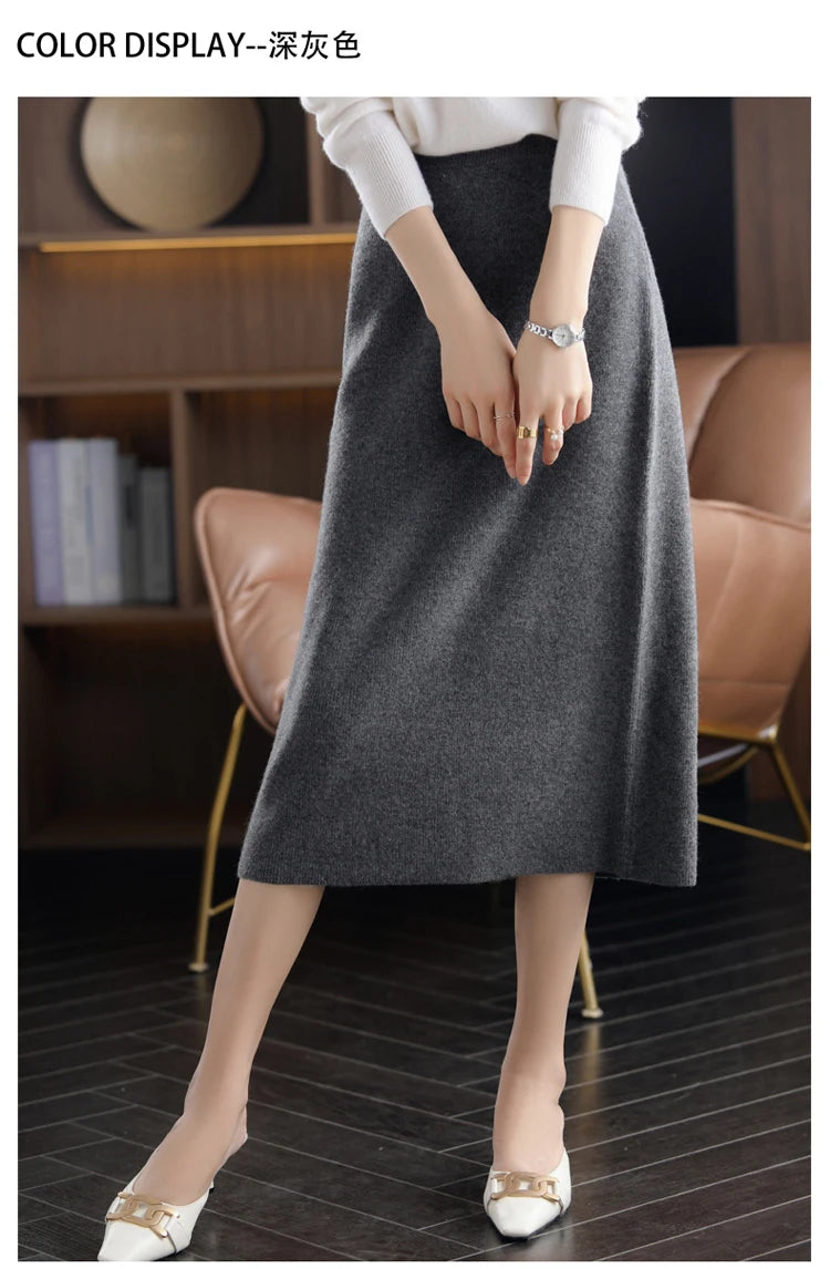 2024 Autumn Winter New 100%Pure Wool Knit Long Skirt Women Casual Thick Korean High Waist Pack Hip Cashmere Wild A-Line Skirt