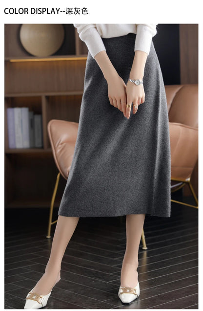 2024 Autumn Winter New 100%Pure Wool Knit Long Skirt Women Casual Thick Korean High Waist Pack Hip Cashmere Wild A-Line Skirt