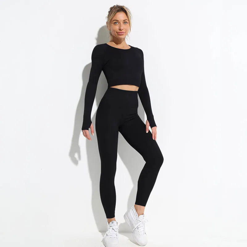 High Waist Elastic Seamless Yoga Wear Women Fitness Clothes Gym Clothing Workout Set Long Sleeve Crop Top Leggings Sports Suit.