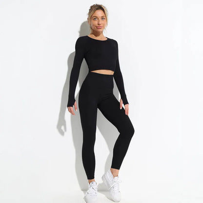 High Waist Elastic Seamless Yoga Wear Women Fitness Clothes Gym Clothing Workout Set Long Sleeve Crop Top Leggings Sports Suit.