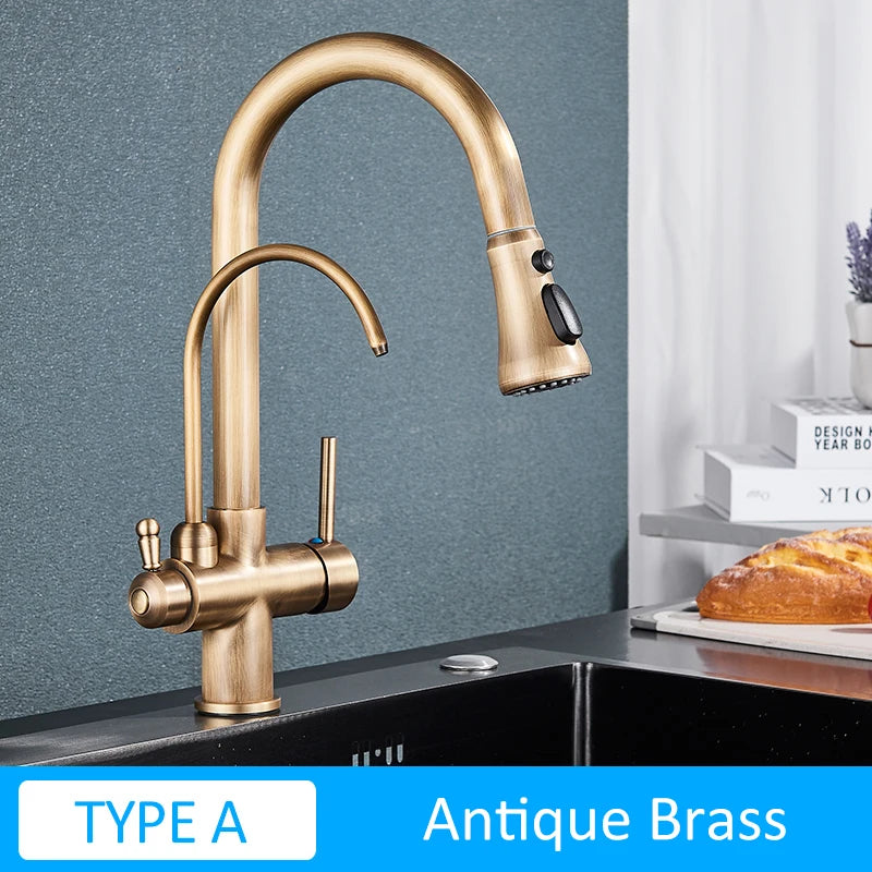 Quyanre Matte Black Filtered Crane For Kitchen Pull Out Spray 360 Rotation Water Filter Tap Three Ways Sink Mixer Kitchen Faucet