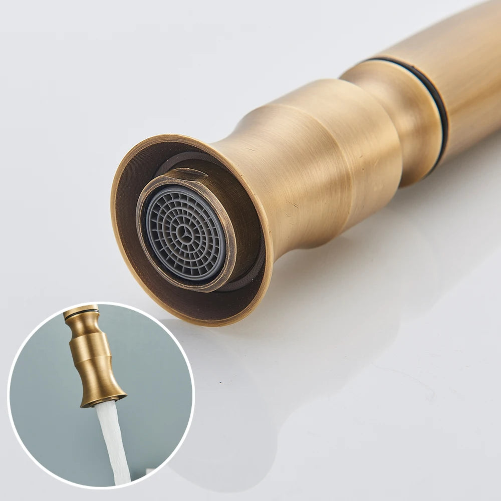 POIQIHY Antique Brass Kitchen Faucet Pull Out Bathroom Kitchen Mixers Single Handle Pull Down Cold Hot Water Tap Deck Mounted
