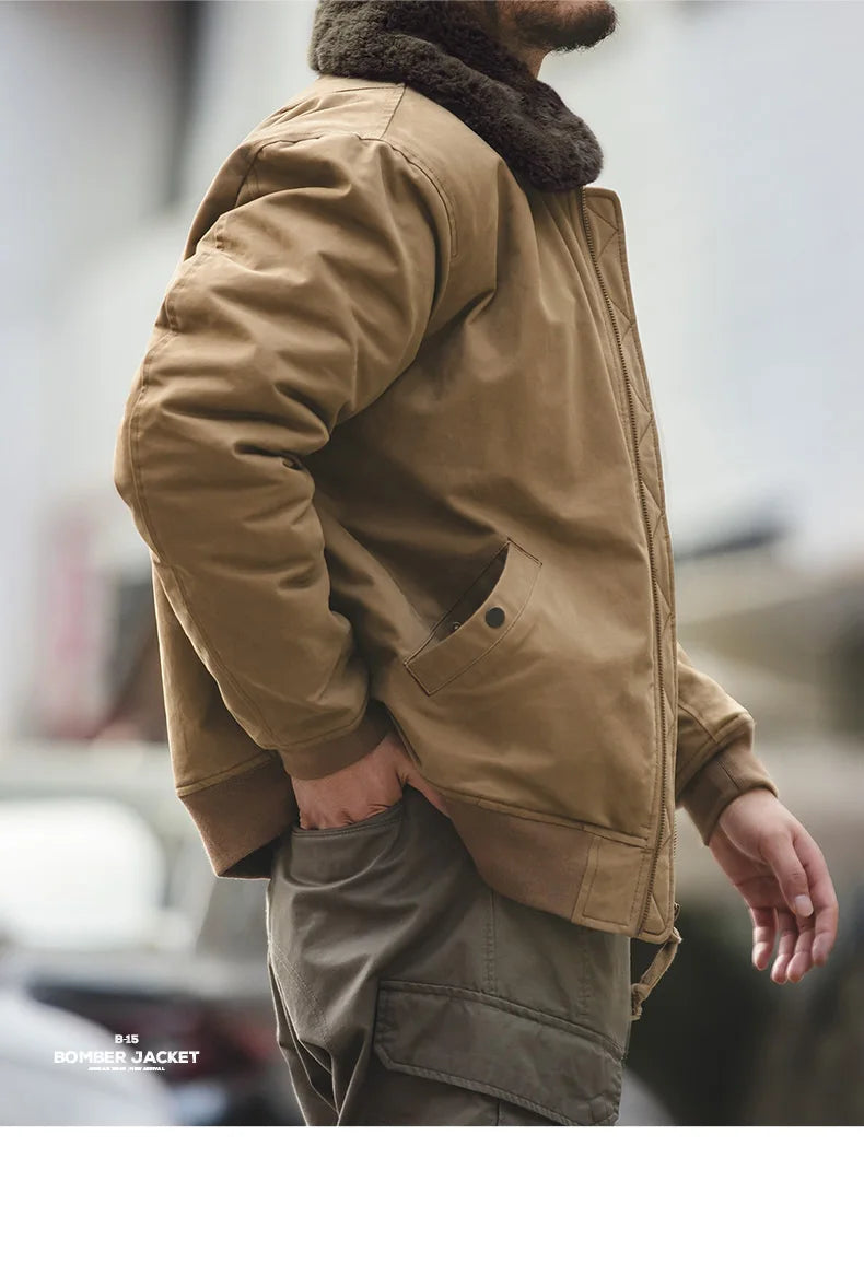 Maden Vintage B15 Bomber Jacket for Men Faux Rabbit Fur Lapel Signature Arm Pocket Winter Thickened Warm Windproof Coat Parkas