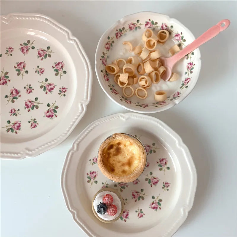 Ceramic Plate French Style Retro Floral Reliefs Food Plate Yogurt Salad Bowl Dessert Plate Dish Dinner Wedding Set Dinner Plates.