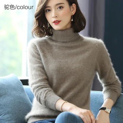 Herbst Winter 100% Nerz Kaschmir Pullover Frauen Strickwaren Pullover Dicke Warme Einfarbig Plus Größe Basis Hohe Revers Kleidung Tops