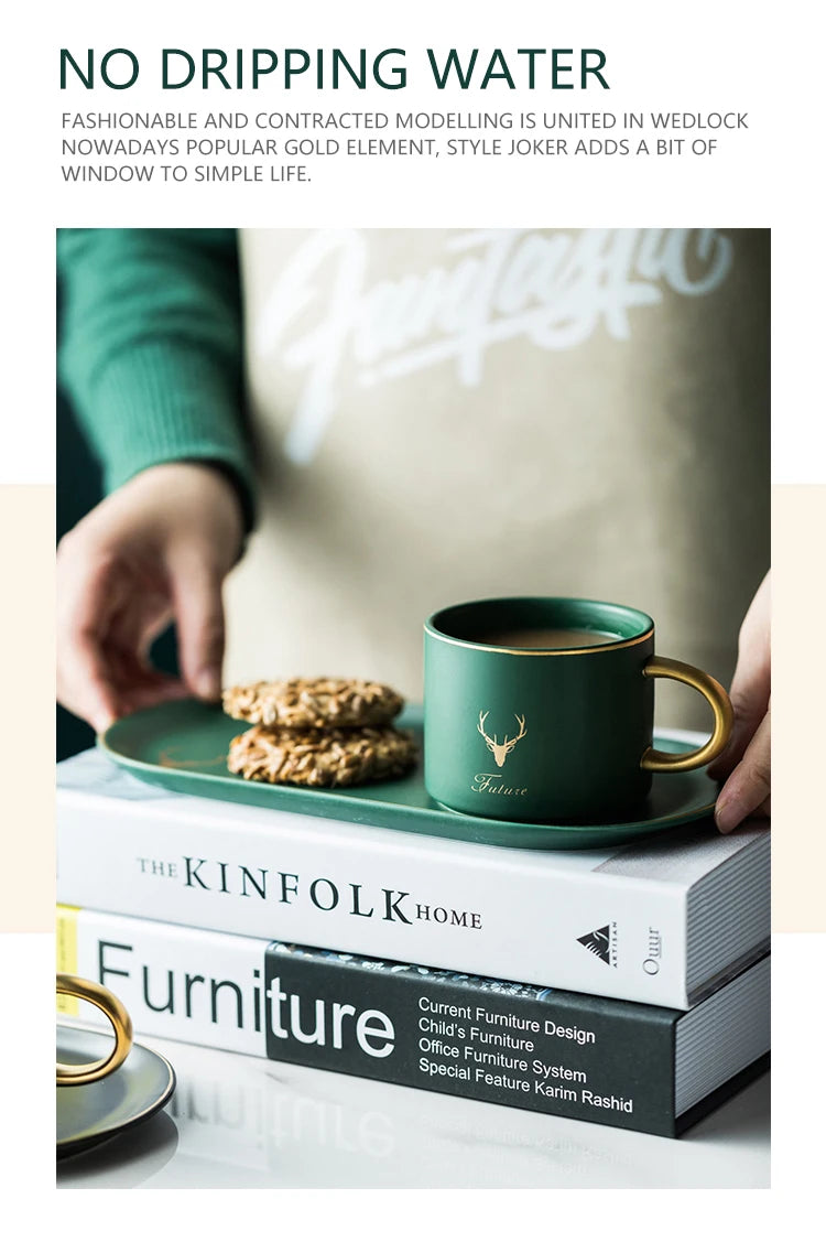 European Luxurious Gold Rim Ceramics Coffee Cups And Saucers Spoon Sets With Gift Box Tea Soy Milk Breakfast Mugs Dessert Plate.