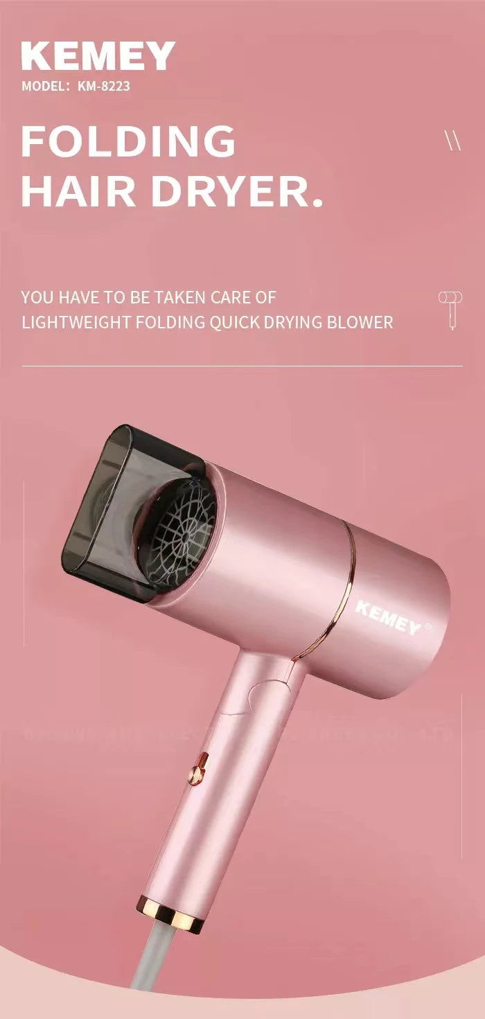 Kemei Professional Blow Dryer Negative Ion Smoother Hair Care Fast Drying Foldable Portable Pink Hair Dryer Home Travel Salon