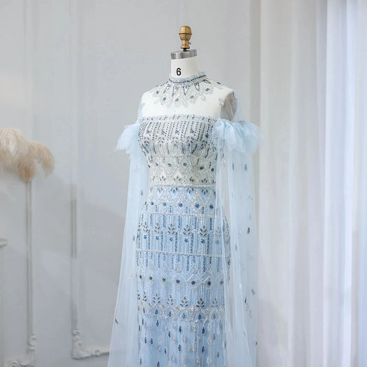 Jancember SZ096 Wholesale Illusal Lace Long Gown Women Party Plus Size Fashion Elegant Light Blue Evening Dress