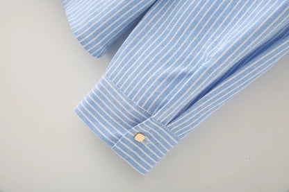 KAR&OT ZA Women's Clothing 2025 Summer New European and American Blue Striped Long-sleeved Lapel Short Shirt 2886909.