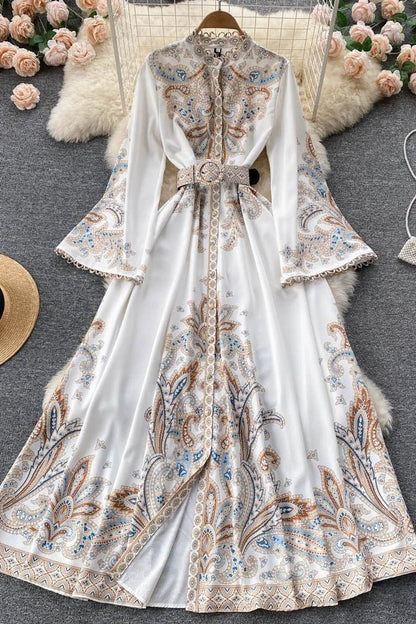 Fall Vintage Stand Collar Casual Midi Dress For Women Flare Sleeve Empire Printed Lace Dress.
