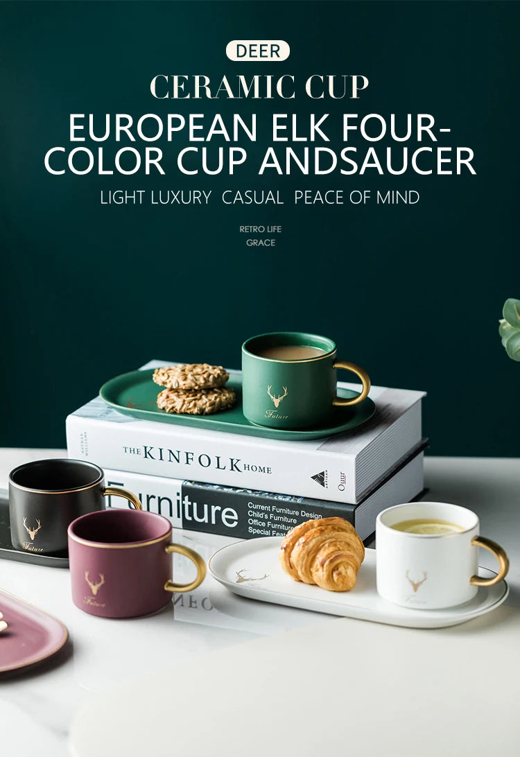 European Luxurious Gold Rim Ceramics Coffee Cups And Saucers Spoon Sets With Gift Box Tea Soy Milk Breakfast Mugs Dessert Plate.