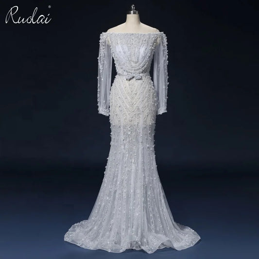 PEV-L3058 Luxury Heavy Beaded Party Gowns See Through Long Sleeve Customized Sexy Off Shoulder Evening Dress From Istanbul
