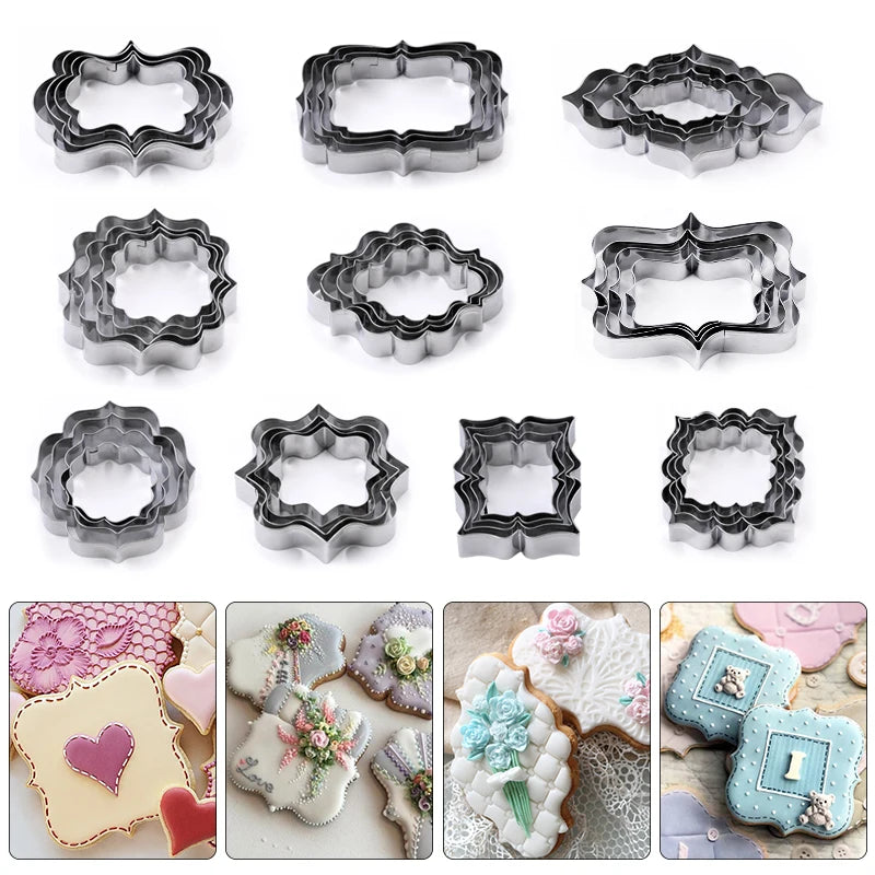 FAIS DU 4Pcs Stainless Steel Cookie Mold Stamper Nameplate DIY Biscuit Blessing Circle Flower Frame Cake Decoration Backware.