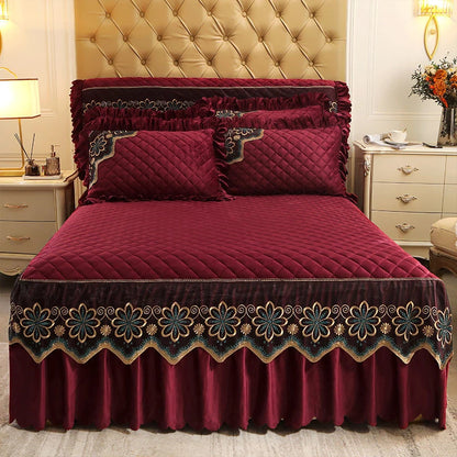 European Luxury Quilted Bed Skirt Winter Warm Thicken Velvet Bedspread King Good Hand Feeling Bed Skirt Not Included Pillowcase.