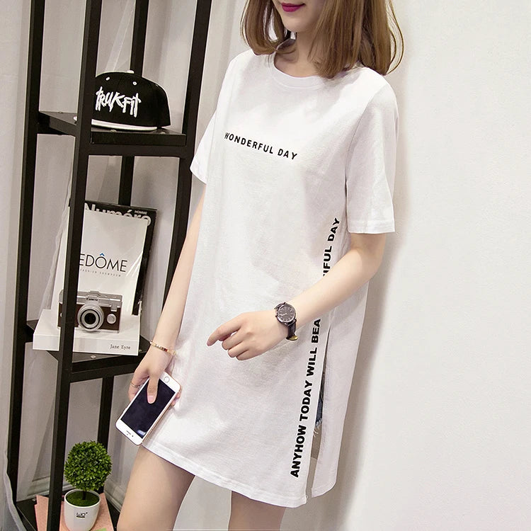 WONDERFUL DAY Print Long T shirts Summer Women Loose Slit Femme Tops  Tshirt Short sleeve Ladies t-shirt.