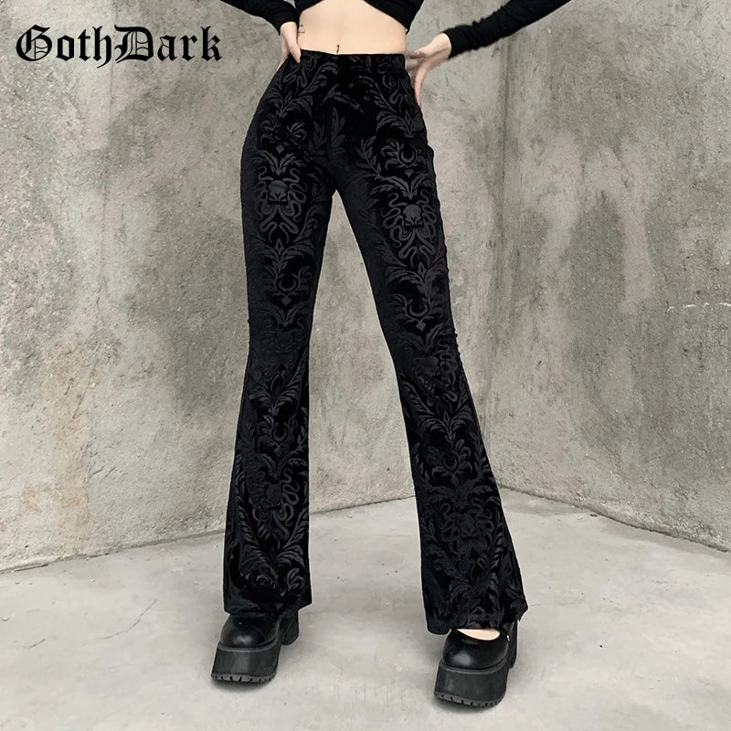 Goth Dark Vintage Floral Scratched Mall Gothic Pants Velvet High Waist Skinny Flare Trousers for Women Streetwear Cyber Y2K Pant.