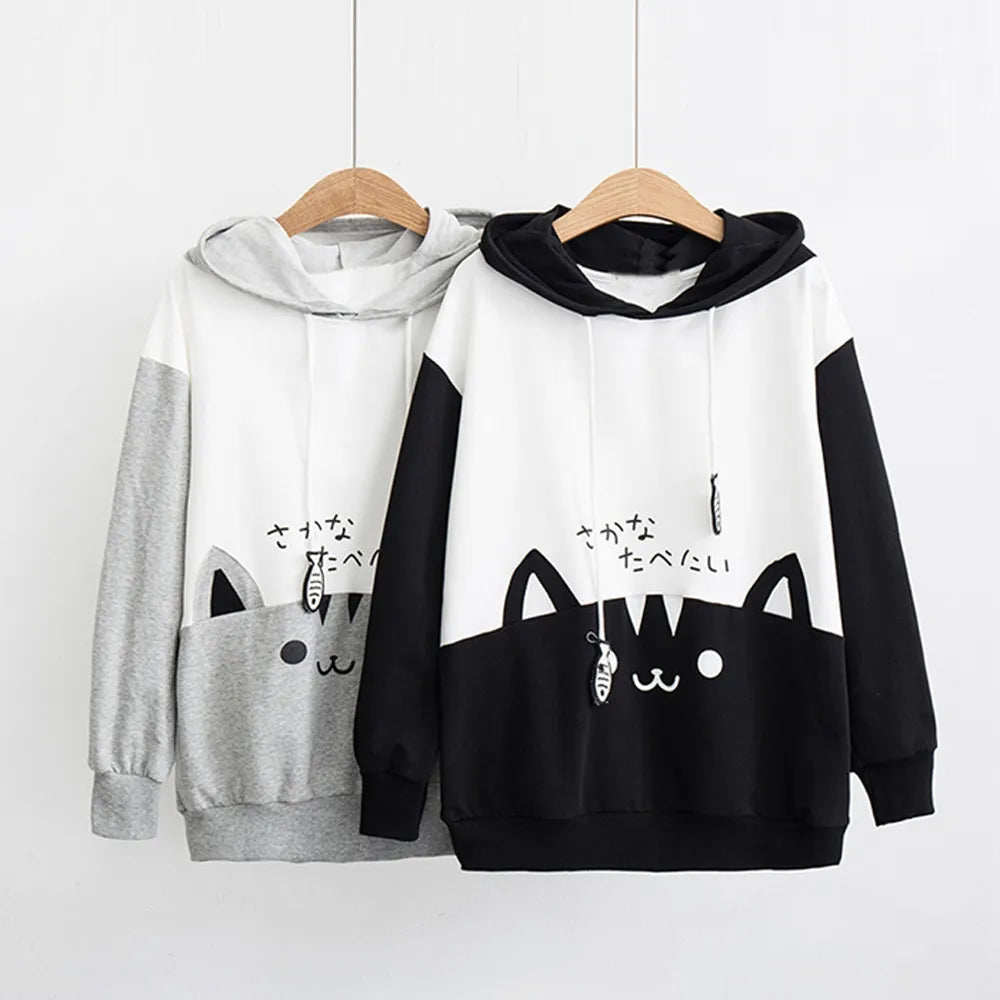 Spring Ladies Long Sleeve Cat Sweatshirt Womens Casual Kitty Cat Print Pocket Thin Hoodie Blouse Top Shirt худи женское платье.