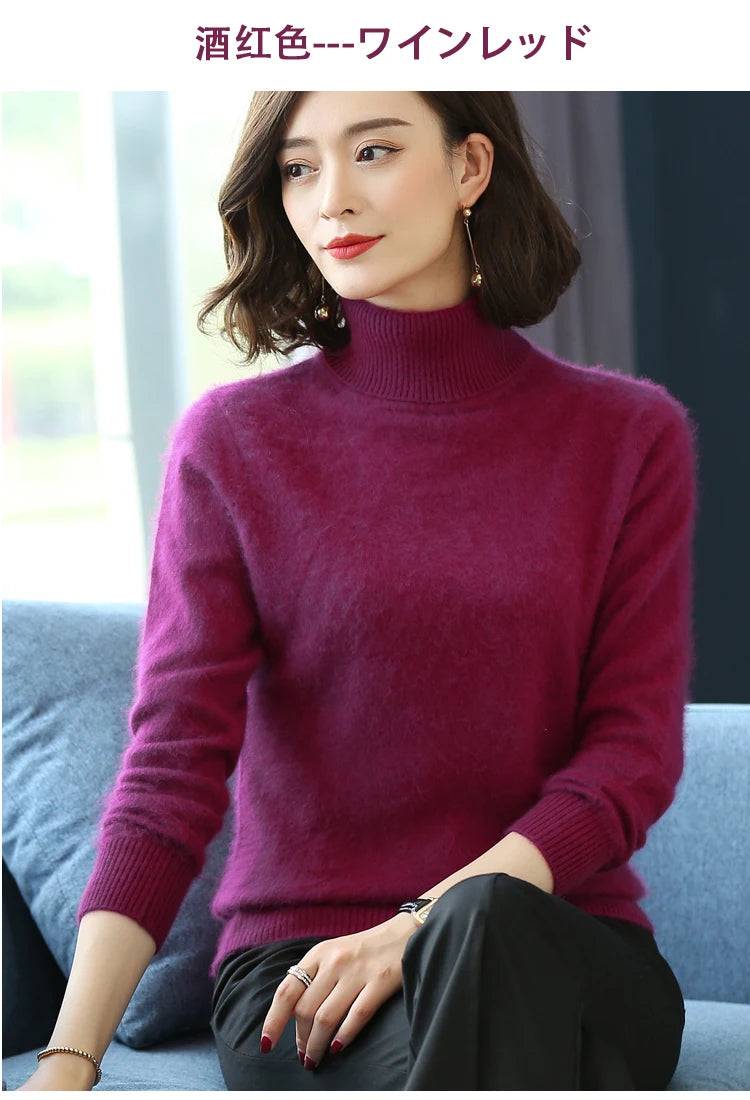 Herbst Winter 100% Nerz Kaschmir Pullover Frauen Strickwaren Pullover Dicke Warme Einfarbig Plus Größe Basis Hohe Revers Kleidung Tops