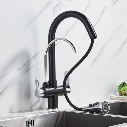 Purification Water Kitchen Faucet Black 360° Rotating Filter Water Faucets Pull Out Sprayer 3 Ways Hot Cold Water Mixer Tap